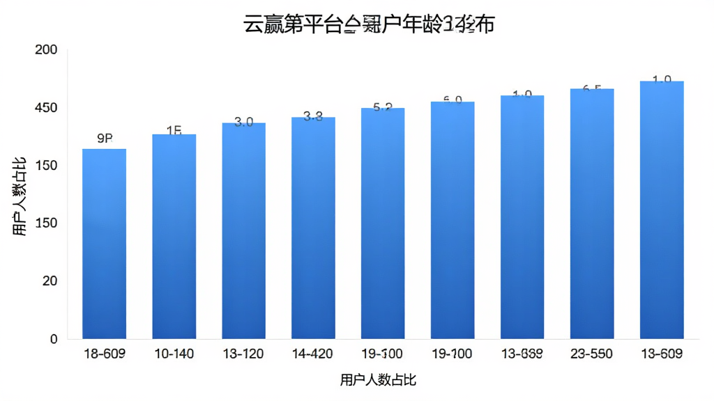 云赢平台用户年龄分布柱状图,画面为简洁的数据图表,横轴标注18-60岁不同年龄段,纵轴显示用户人数占比,柱状图使用蓝色渐变填充,背景为白色,图表清晰易读,风格为现代信息图,画质干净,无多余元素