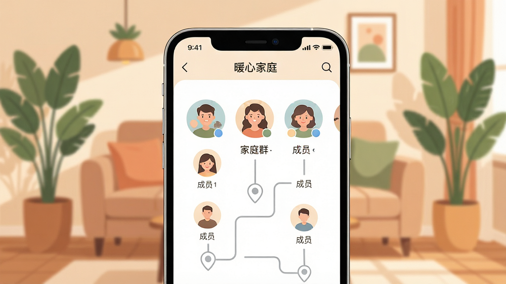 一张展示“暖心家庭”软件主界面的图片,画面中央是手机屏幕,屏幕内显示家庭群组头像和成员位置标记,背景是温馨的家庭客厅场景,有沙发和绿植,整体色调温暖柔和,风格为扁平化UI设计,细节干净,画质高清,无多余元素