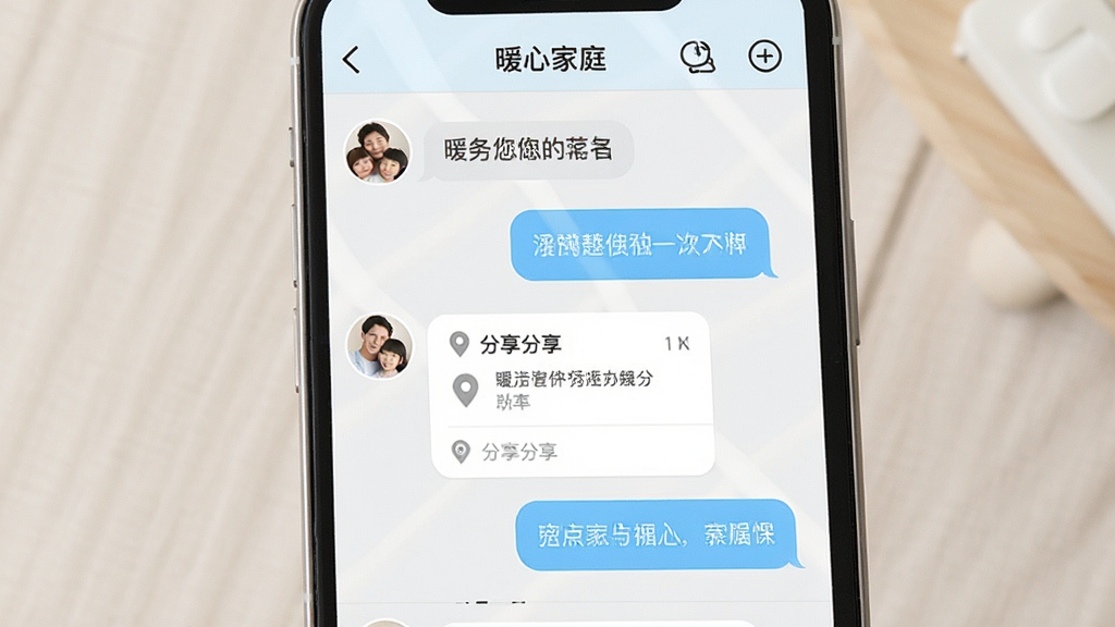 一张展示“暖心家庭”群组聊天界面的图片,画面是手机屏幕显示聊天窗口,有家庭成员头像和对话气泡,其中一条消息带有位置分享卡片,界面配色以浅蓝和白色为主,风格温馨简洁,画质干净,无多余元素
