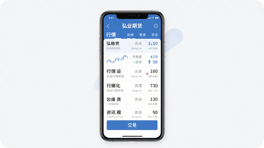 弘业期货 手机应用主界面 展示 行情列表 交易按钮 资讯模块 蓝白配色 扁平化设计 干净整洁 画质清晰 无多余元素