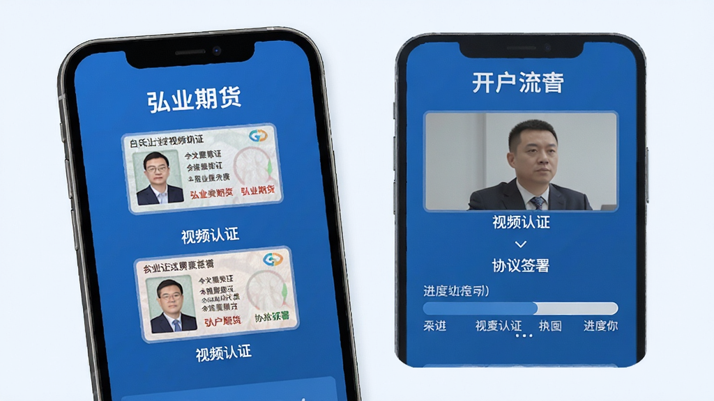 弘业期货 开户流程界面 展示身份证上传 视频认证 协议签署 进度条 手机屏幕 简洁布局 蓝色主色调 画质清晰
