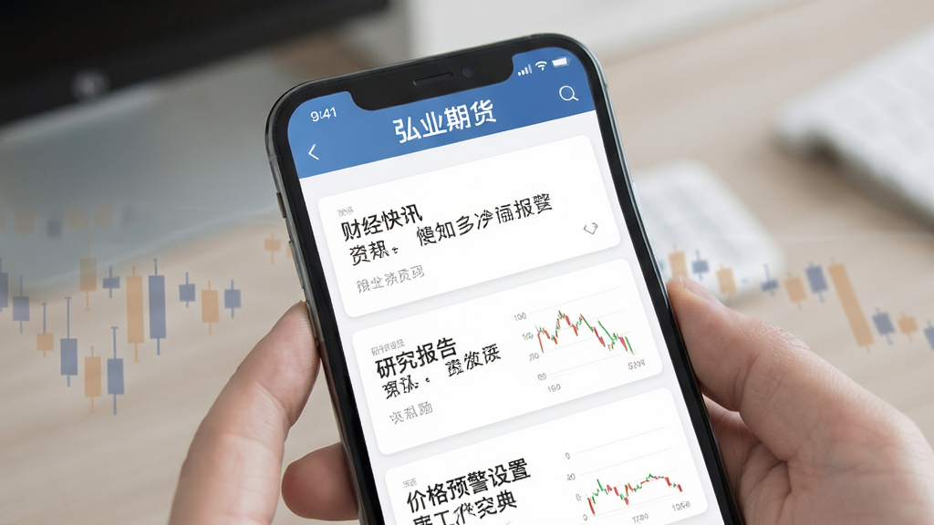弘业期货 资讯页面 展示财经快讯 研究报告 价格预警设置 手机界面 卡片式布局 白色背景 文字清晰 画质干净