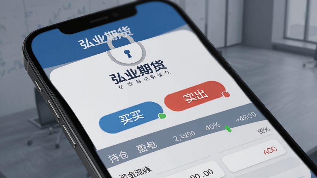 弘业期货 交易确认界面 展示买入卖出按钮 持仓盈亏 资金流水 安全锁图标 手机屏幕 蓝灰配色 专业感 画质清晰