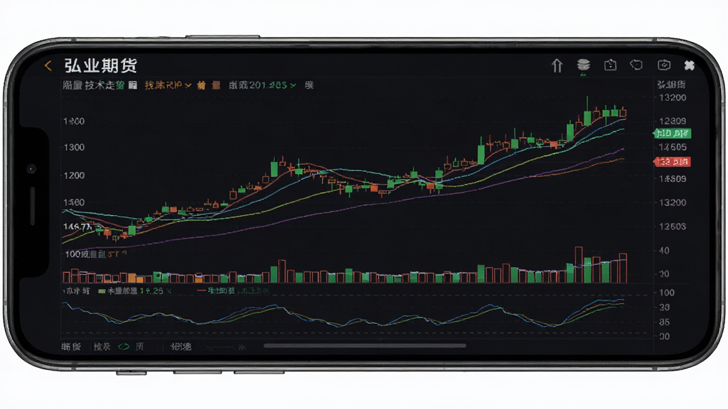 弘业期货 行情走势图界面 显示K线图 均线 成交量 技术指标 手机横屏模式 深色背景 数据清晰 画质干净