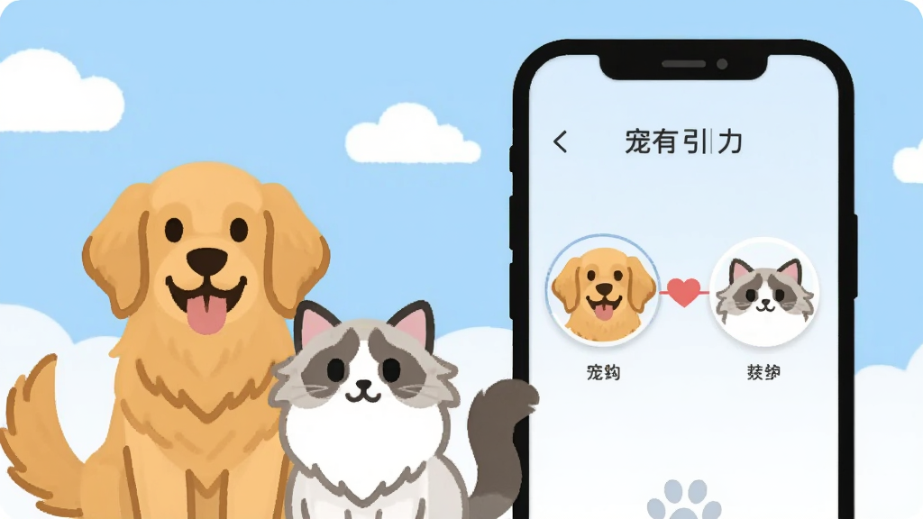 一张展示“宠有引力”App宠物匹配功能的插画,画面左侧是一只金毛犬和一只布偶猫的卡通形象,右侧是手机屏幕显示匹配成功的界面,屏幕上有两个宠物头像用爱心连线连接,背景是淡蓝色天空和白云,风格可爱扁平化,画质干净,无多余元素