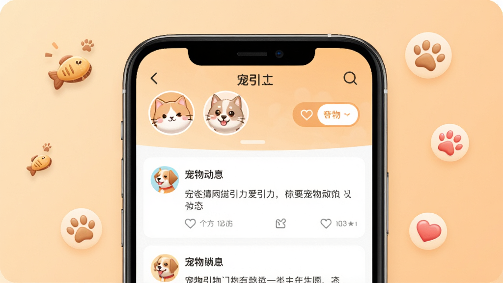 一张展示“宠有引力”App核心界面的手机样机图,画面中央是一部智能手机,屏幕显示宠物社区动态信息流,上方有可爱的猫狗头像和互动按钮,背景是温暖的浅橙色渐变,周围漂浮着小鱼干、爪印和爱心图标,整体风格清新治愈,画质干净清晰,无多余元素
