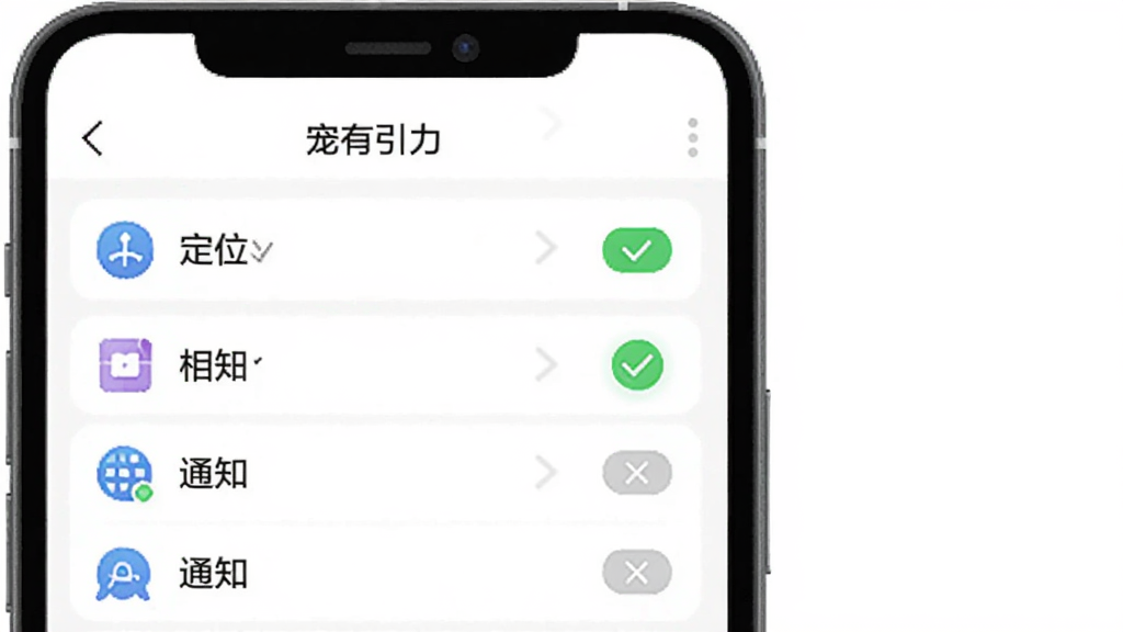 一张展示“宠有引力”App权限设置界面的示意图,画面中手机屏幕显示权限管理列表,定位、相册、通知等选项清晰排列,旁边有绿色对勾和灰色叉号图标表示允许和禁止,背景是干净的白色,风格简洁直观,画质清晰,无多余元素