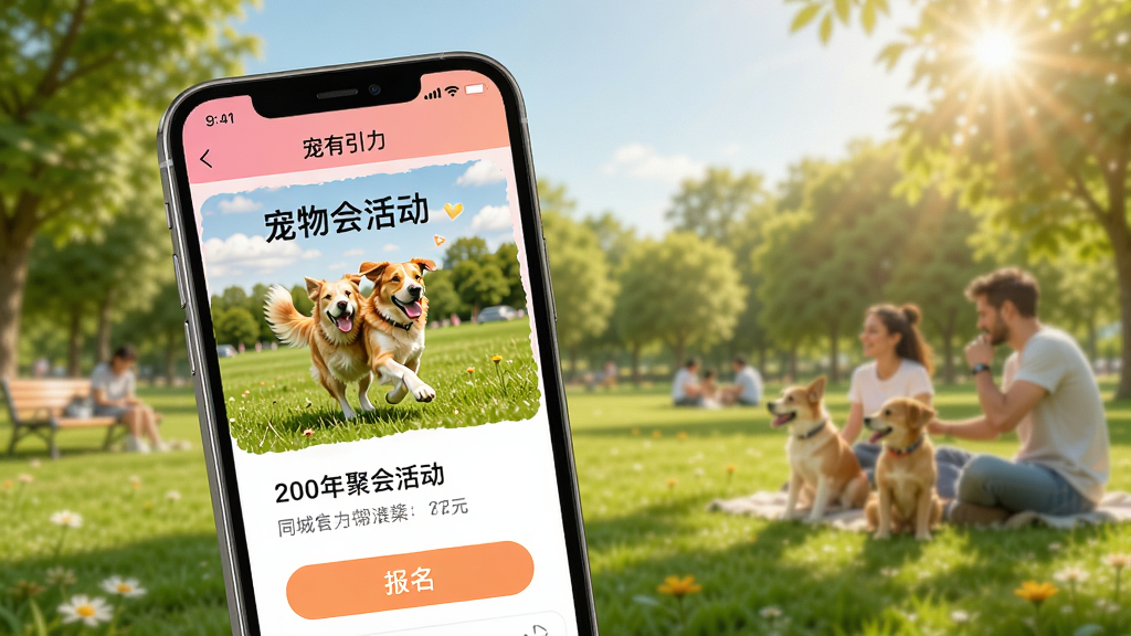 一张展示“宠有引力”App同城活动页面的场景图,画面中手机屏幕显示宠物聚会活动海报,有狗狗在草地上奔跑的照片和报名按钮,背景是阳光明媚的公园场景,风格明亮欢快,画质清晰,无多余元素