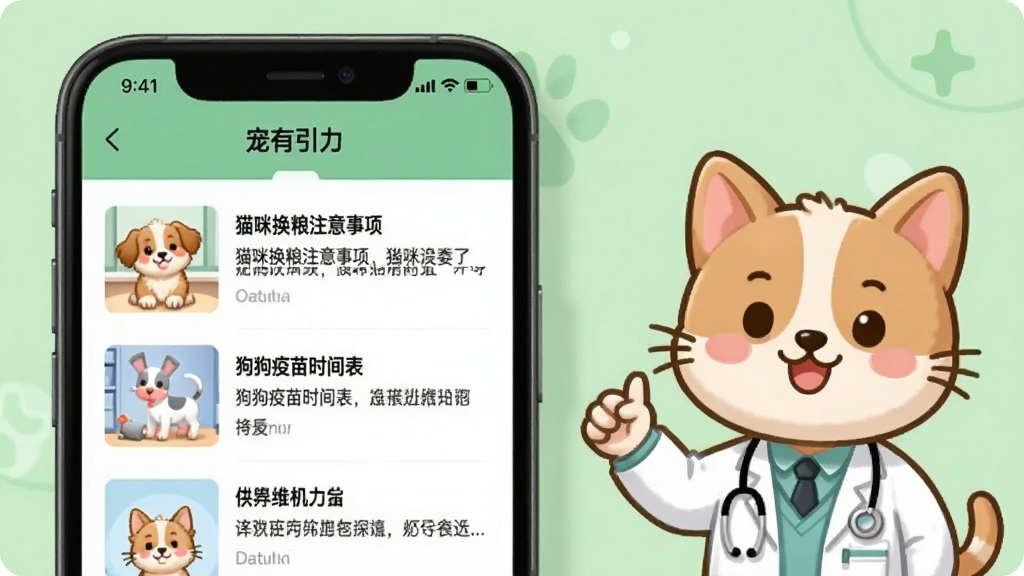 一张展示“宠有引力”App养宠知识库界面的示意图,画面中手机屏幕显示文章列表,标题包括“猫咪换粮注意事项”“狗狗疫苗时间表”等,旁边有可爱的宠物医生卡通形象,背景是浅绿色,风格专业又亲切,画质干净,无多余元素