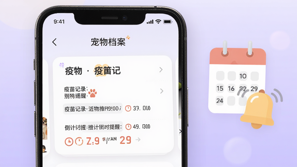 一张展示“宠有引力”App健康提醒功能的界面图,画面中手机屏幕显示宠物档案卡片,上面有疫苗记录和倒计时提醒,旁边有日历和铃铛图标,背景是淡紫色渐变,风格温馨实用,画质干净,无多余元素
