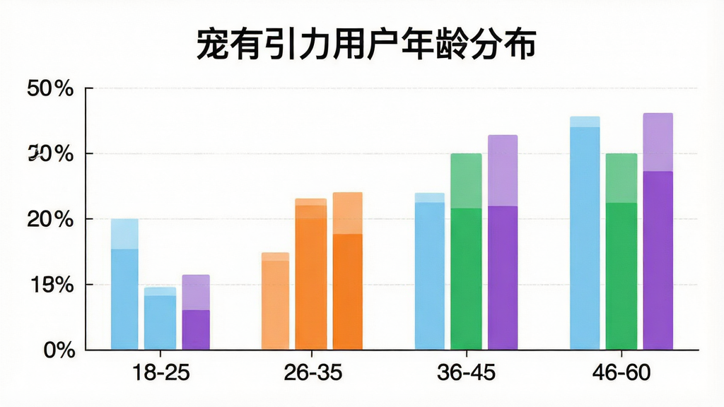 一张展示“宠有引力”用户年龄分布的柱状图,横轴是年龄段18-25、26-35、36-45、46-60,纵轴是百分比,柱状图颜色分别为浅蓝、橙色、绿色、紫色,图表上方有“宠有引力用户年龄分布”标题,背景干净白色,风格简洁数据可视化,画质清晰,无多余元素