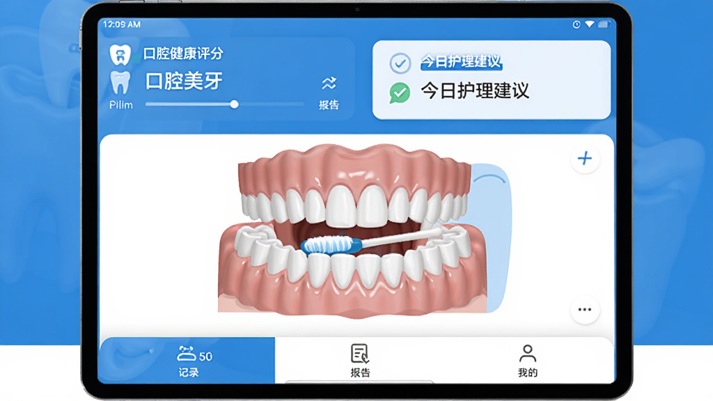 美亚美牙软件主界面展示,顶部显示口腔健康评分和今日护理建议,中间是牙齿模型和刷牙区域示意图,底部是记录、报告、我的三个选项卡,整体以蓝白配色为主,布局干净清爽,风格现代简约,画质清晰无多余元素