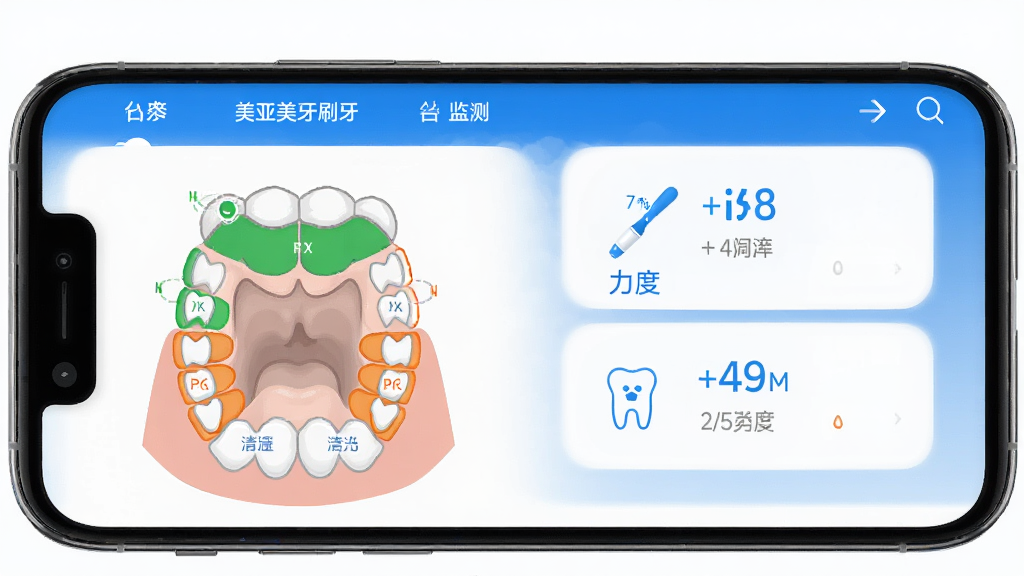 美亚美牙智能刷牙监测功能展示,手机屏幕显示牙齿分区示意图,不同区域用绿色和橙色标注清洁程度,旁边有刷牙时长和力度数据,界面简洁直观,蓝白配色,画质干净