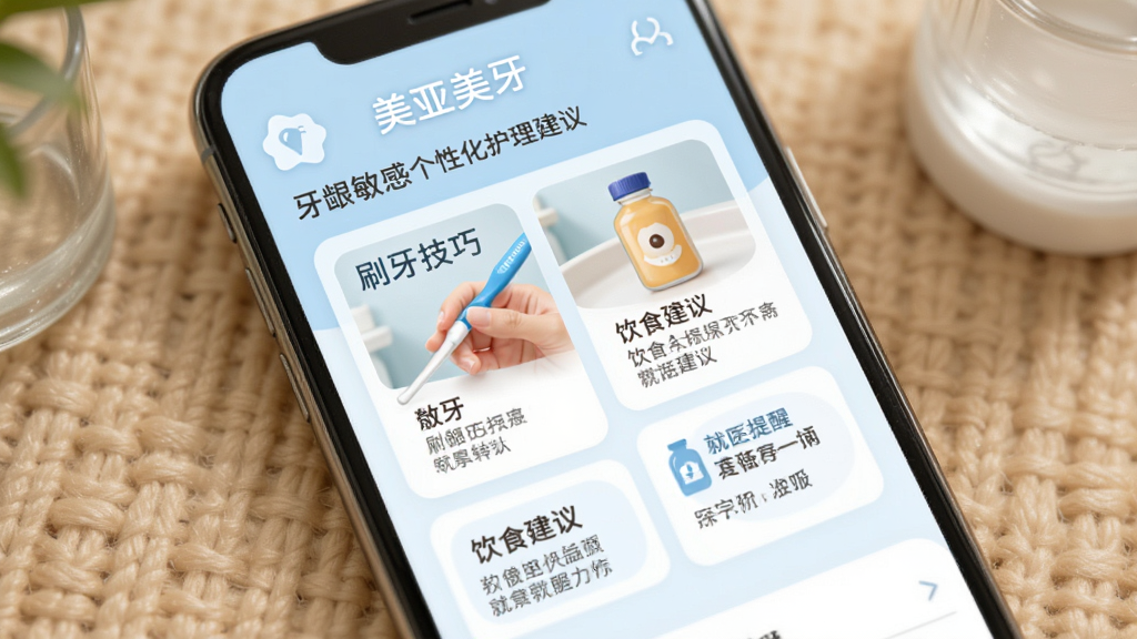 美亚美牙个性化护理建议页面,手机屏幕显示针对牙龈敏感用户的护理方案卡片,包含刷牙技巧、饮食建议、就医提醒等内容,界面温和舒适,浅蓝色调,画质清晰