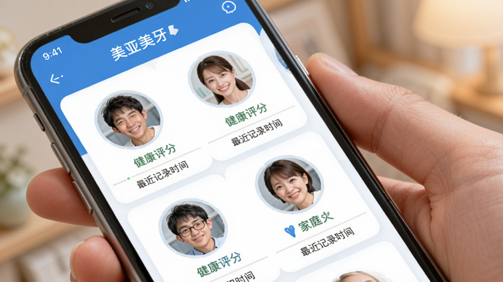 美亚美牙家庭多用户管理界面,手机屏幕显示家庭成员头像列表,每个头像下方有健康评分和最近记录时间,整体布局清晰,风格温馨,蓝白配色,画质干净