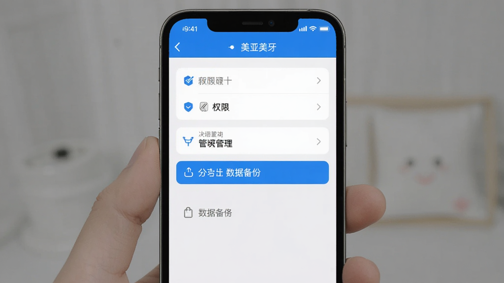 美亚美牙手机端操作界面截图,展示设置页面中的权限管理和数据备份选项,界面简洁,蓝白配色,画质清晰