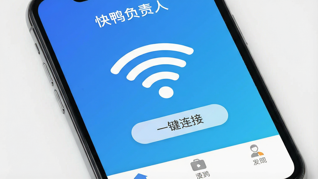 一张手机屏幕特写,画面中央显示“快鸭负责人”APP的主界面,蓝色渐变背景,中间是一个大大的WiFi信号图标和“一键连接”按钮,顶部有“快鸭负责人”文字标识,底部是三个简洁的导航标签,整体风格清爽干净,画质清晰,无多余元素