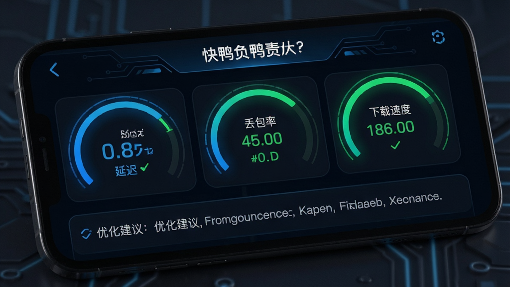 手机屏幕显示“快鸭负责人”的网络诊断界面,画面中有延迟、丢包率、下载速度三个数据仪表盘,下方有优化建议文字,整体设计为深色科技风格,蓝色和绿色数据高亮,排版清晰,画质锐利