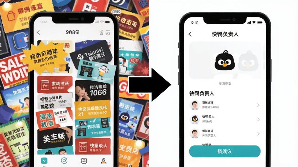 一张对比图,左边是杂乱拥挤布满广告的手机界面,右边是“快鸭负责人”干净整洁的界面,中间用箭头分隔,画面风格扁平化插画,色彩对比鲜明,突出简洁与繁杂的对比,画质清晰