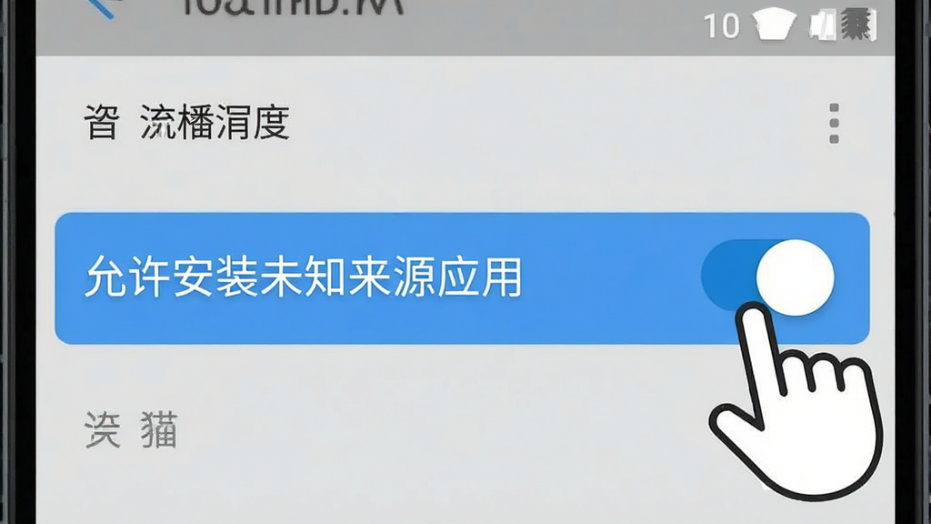 一张手机截图风格示意图,画面中是一个安卓手机的设置界面,高亮显示“允许安装未知来源应用”的开关按钮,旁边有手指点击的图标,背景是浅灰色,风格简洁直观,画质清晰
