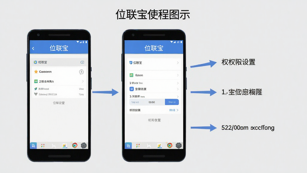 位联宝 使用教程示意图,画面中一部安卓手机展示权限设置界面,软件名称