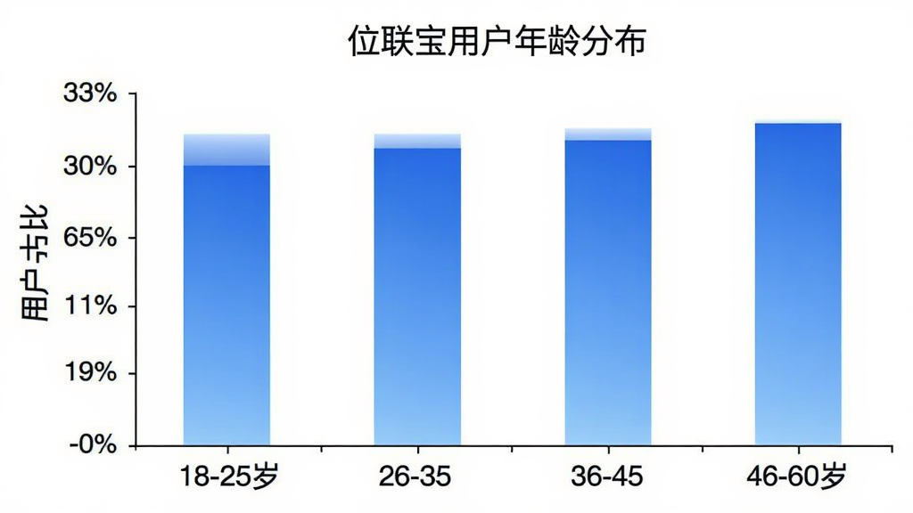 位联宝 用户年龄分布柱状图,横轴为年龄段18-25岁、26-35岁、36-45岁、46-60岁,纵轴为用户占比百分比,柱状图颜色为蓝色渐变,图表标题显示