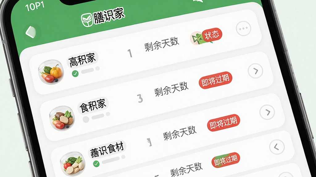 一张手机界面展示图,画面是“膳识家”App的食材管理页面,列表展示各种食材名称、剩余天数、状态标签,有“即将过期”的红色提醒,界面布局清晰,风格简洁现代,色彩以白色和绿色为主,细节圆润,画质干净,文字清晰,无多余元素