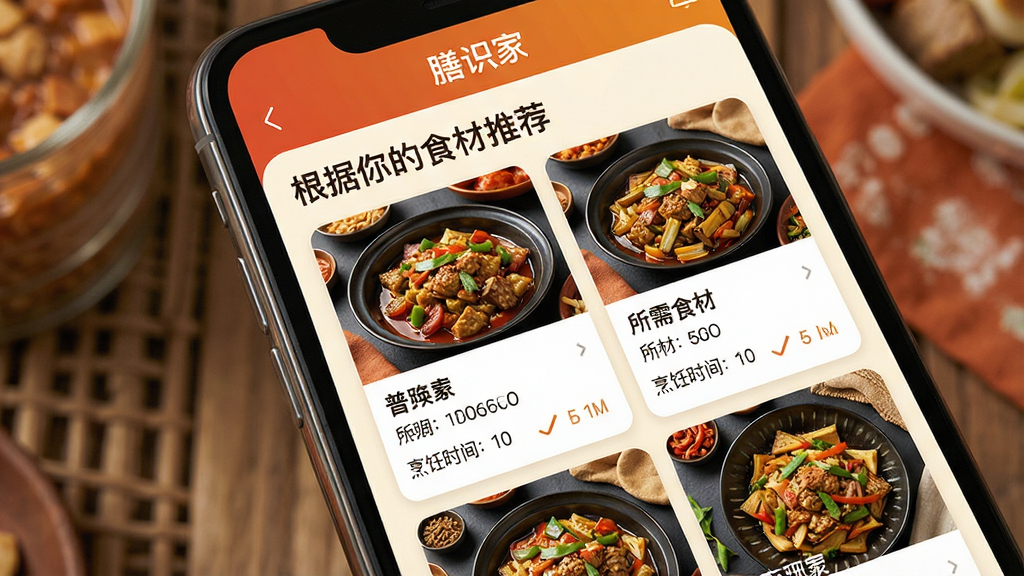 一张手机界面展示图,画面是“膳识家”App的菜谱推荐页面,顶部显示“根据你的食材推荐”,下方是菜谱卡片列表,每张卡片有菜品图片、名称、所需食材、烹饪时间,界面风格温暖食欲感强,色彩丰富,细节清晰,画质干净,文字清晰,无多余元素