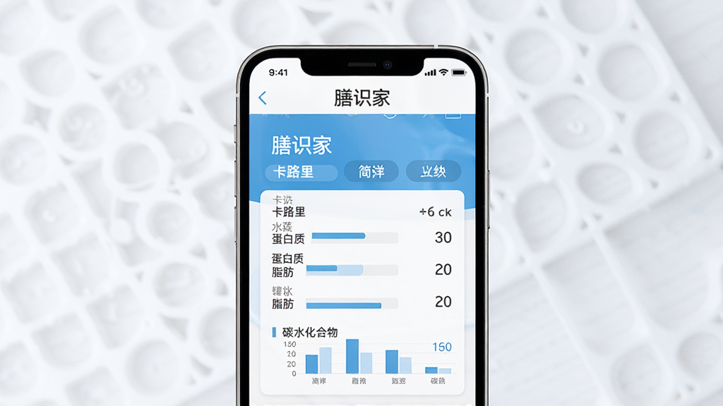 一张手机界面展示图,画面是“膳识家”App的营养信息页面,展示一道菜的卡路里、蛋白质、脂肪、碳水化合物等数据,有简单的图表展示,界面风格清爽,色彩以蓝色和白色为主,细节清晰,画质干净,文字清晰,无多余元素