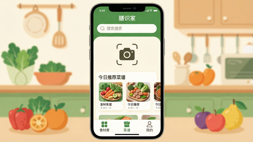 一张手机应用界面截图风格插画,画面中央是“膳识家”App的主界面,顶部有搜索框,中间是拍照识别食材的相机图标和今日推荐菜谱卡片,底部是食材库、菜谱、我的三个选项卡,背景是温暖的厨房场景,有新鲜蔬菜和水果点缀,风格扁平清爽,色彩以绿色和米白色为主,细节圆润,画质干净,文字清晰,无多余元素