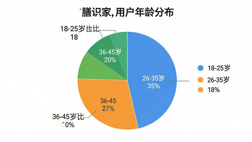 一张数据可视化图表,展示“膳识家”用户年龄分布,饼状图显示18-25岁占比18%,26-35岁占比35%,36-45岁占比27%,46-60岁占比20%,配色清晰,标签明确,风格简洁现代,画质干净,文字清晰,无多余元素