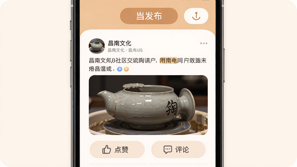 一张昌南文化App社区交流界面的手机截图,画面中展示用户发布的陶瓷作品照片和文字帖子,帖子下方有点赞和评论按钮,顶部有发布按钮,整体布局清晰,风格温暖亲切,细节圆润,画质干净,无多余元素