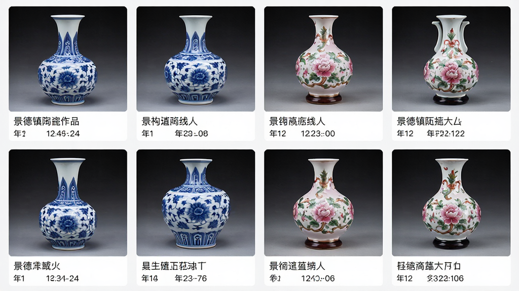 一张景德镇陶瓷作品高清图库界面的手机截图,画面中展示多件青花瓷和粉彩瓷的高清图片以网格排列,每张图片下方有名称和年代标签,整体色调以白色和青花蓝为主,风格简洁典雅,细节清晰,画质干净,无多余元素