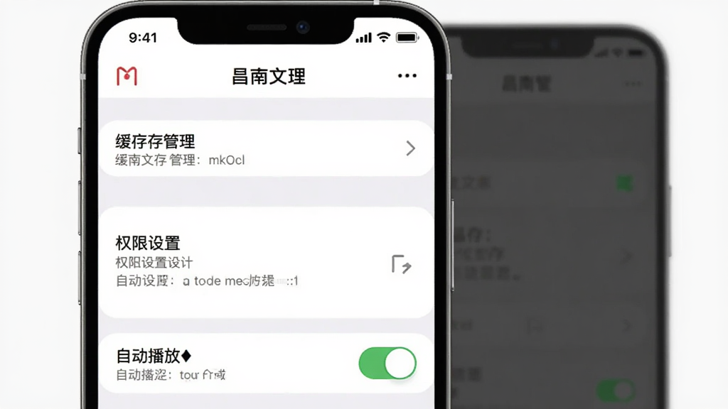 一张展示昌南文化App设置界面的手机截图,画面中显示缓存管理、权限设置、自动播放开关等选项,界面简洁,文字清晰,以白色和浅灰色为主色调,风格现代,细节干净,无多余元素