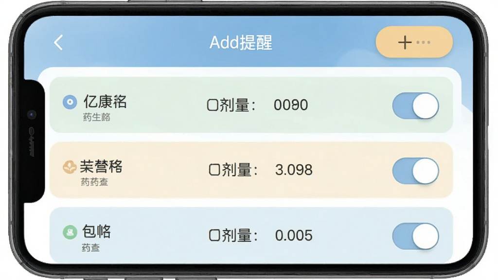 ������Ӧ������ҩ�������ý��棬�ֻ���Ļ��ʾ�����б���ÿ�����Ѱ���ҩ����������ʱ�䣬�Ҳ��п��ذ�ť���������������Ѱ�ť�����沼�����룬��ɫ��ͣ����ʸɾ��޶���Ԫ��
