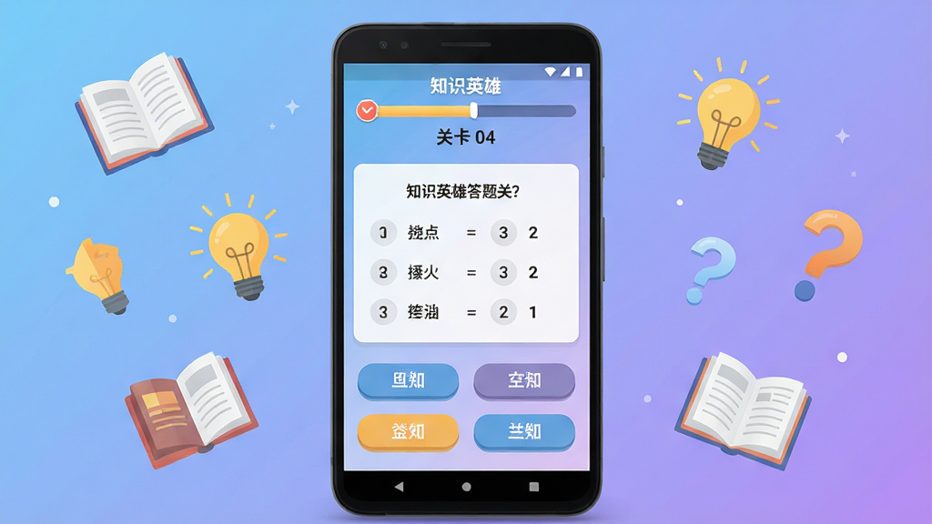 知识英雄答题闯关软件主界面展示,画面中央是一部安卓手机,手机屏幕上显示知识英雄的答题界面,顶部有进度条和关卡数字,中间是一道四选一的选择题,下方有四个选项按钮,背景是柔和的蓝紫色渐变,周围漂浮着书本、灯泡、问号等知识元素图标,整体风格清新明快,扁平化设计,画质干净清晰,无多余杂乱元素