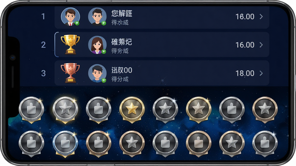 知识英雄排行榜与成就系统展示,手机屏幕上半部分显示排行榜列表,有用户头像、昵称和得分,前三名有金银铜奖杯图标,下半部分展示成就徽章墙,多个圆形徽章排列整齐,部分已点亮部分未解锁,背景为深蓝色星空风格,徽章有金属光泽质感,整体界面清晰有层次感,画质干净无多余元素
