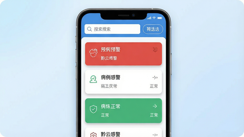 一张展示黔云感控感染病例监测功能的概念图,画面主体是手机屏幕,屏幕内显示黔云感控的监测列表,列表中有几条红色预警标记和绿色正常标记的病例卡片,顶部有搜索框和筛选按钮,背景是淡蓝色渐变,布局上下结构,排版整齐,风格医疗科技感,细节上卡片有轻微阴影、图标线条简洁,画质干净无多余元素