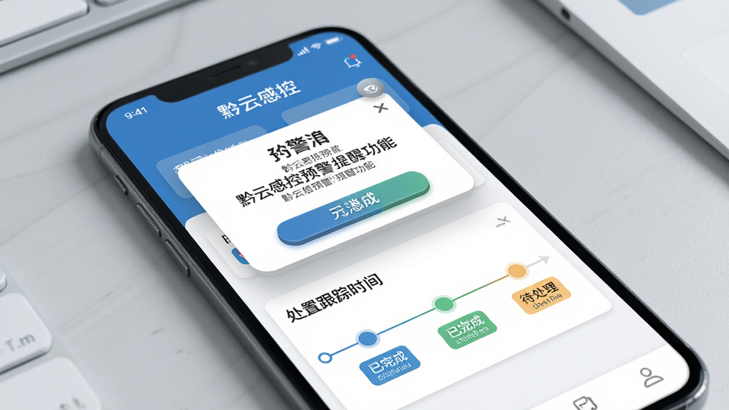 一张展示黔云感控预警提醒功能的概念图,画面主体是手机屏幕,屏幕内显示黔云感控的预警消息弹窗和处置跟踪时间轴,时间轴上有已完成和待处理节点,背景是浅灰色医疗办公桌面,布局上下结构,排版清晰,风格简约商务,细节上按钮有微立体感、文字清晰,画质干净无多余元素