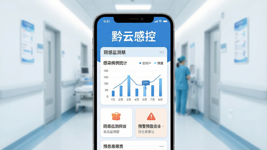 一张展示黔云感控移动端主界面的概念图,画面中央是手机屏幕,屏幕内显示黔云感控四个字和院感监测数据看板,包含感染病例统计图表和预警提示卡片,背景是干净的医院走廊虚化场景,主体为蓝白色调,布局居中对称,排版简洁清晰,风格现代医疗扁平化,细节上图标圆润、文字标签明确,画质干净无多余元素