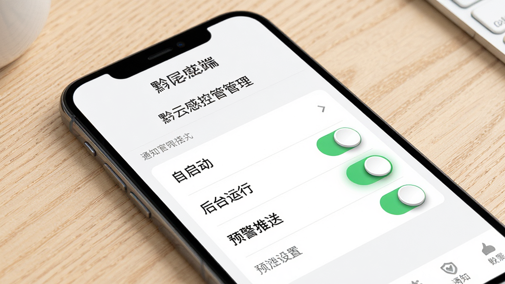 一张展示黔云感控手机端设置界面的概念图,画面主体是手机屏幕,屏幕内显示黔云感控的权限管理页面和通知设置开关,有自启动、后台运行、预警推送等选项,背景是浅色木质桌面,布局上下结构,排版清晰,风格简洁实用,细节上开关按钮有立体感、文字标注明确,画质干净无多余元素