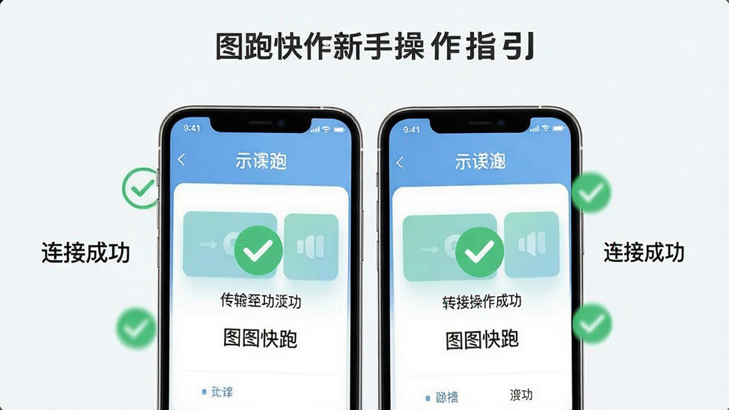 一张图图快跑新手操作指引的示意图,画面中两部手机靠近,屏幕上都显示图图快跑传输成功的界面,周围有勾选标记和
