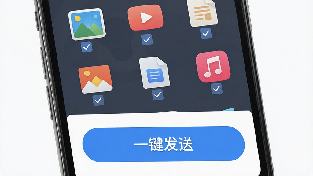 一张图图快跑批量传输界面的示意图,手机屏幕上显示多个不同类型的文件图标(图片、视频、文档、音乐)被勾选,下方有一个醒目的