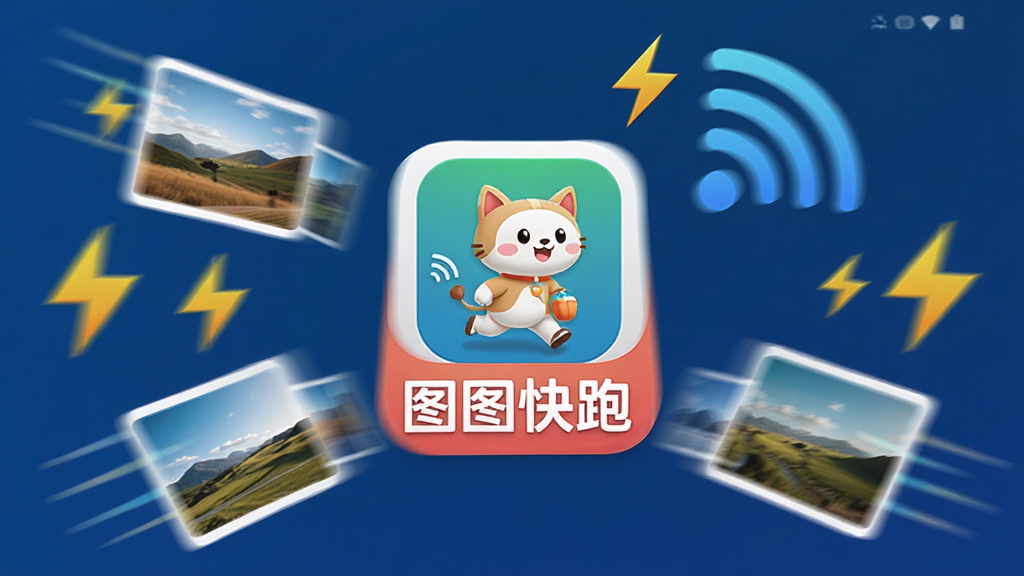 一张展示图图快跑应用主界面的手机截图,画面中央是醒目的图图快跑APP图标和名称,周围环绕着飞速传输的图片缩略图、闪电符号和WiFi信号波纹,色彩明亮活泼,风格简洁现代,画质清晰干净,无多余元素