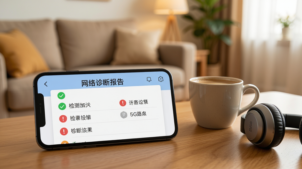 一张展示5G路由畅行网络诊断功能的场景图,画面中一部手机横屏显示诊断结果页面,页面标题写着“网络诊断报告”,下方用绿色对勾和红色感叹号列出各项检测结果,手机旁边放着一杯咖啡和一副耳机,背景是温馨的家居环境,风格生活化,画质干净,无多余元素