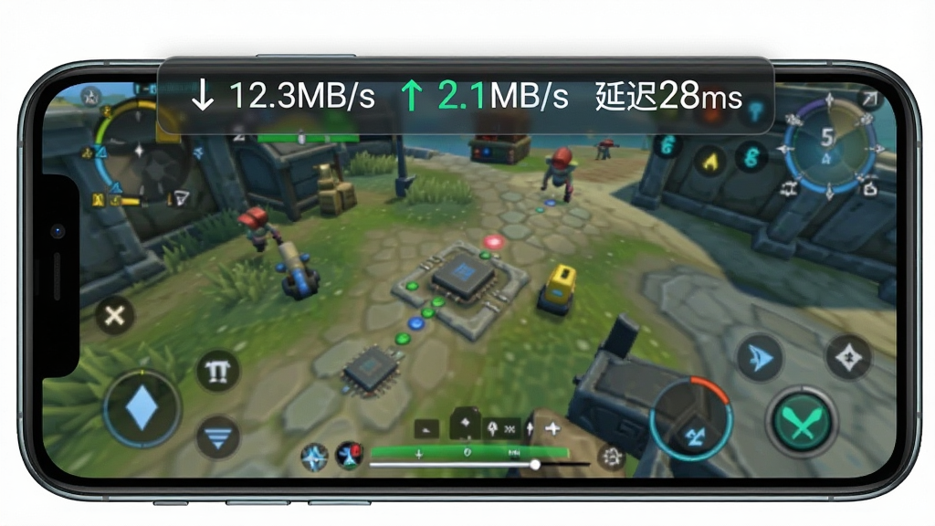 一张展示5G路由畅行在手机上运行时的悬浮窗效果图,画面中手机屏幕显示着游戏界面,屏幕边缘有一个半透明的网速悬浮条,上面显示着“↓12.3MB/s ↑2.1MB/s 延迟28ms”的白色文字,背景是手机游戏画面,风格写实,画质清晰,无多余元素