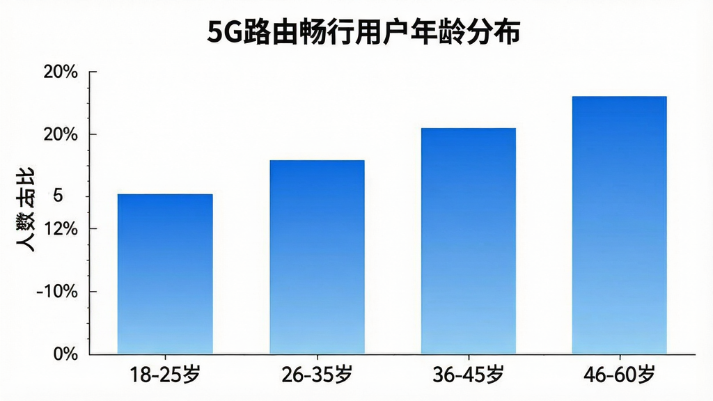 一张展示5G路由畅行用户年龄分布的柱状图,横轴标注年龄段“18-25岁”“26-35岁”“36-45岁”“46-60岁”,纵轴标注人数占比,柱状图颜色为蓝色渐变,图表标题为“5G路由畅行用户年龄分布”,背景为白色,风格简洁专业,画质清晰,无多余元素