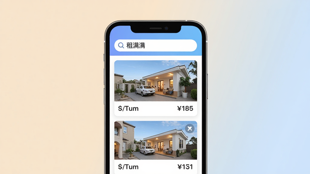 ������App������չʾ������������һ���ֻ�����Ļ����ʾ���ⷿ�б�ҳ�棬������������д�š������������·��Ƿ�Դ��Ƭ��ͼƬ�ͼ۸��ǩ����������ů��ǳ��ɫ���䣬�������ƽ�ִ���ϸ�ڸɾ��޶���Ԫ�أ�����������