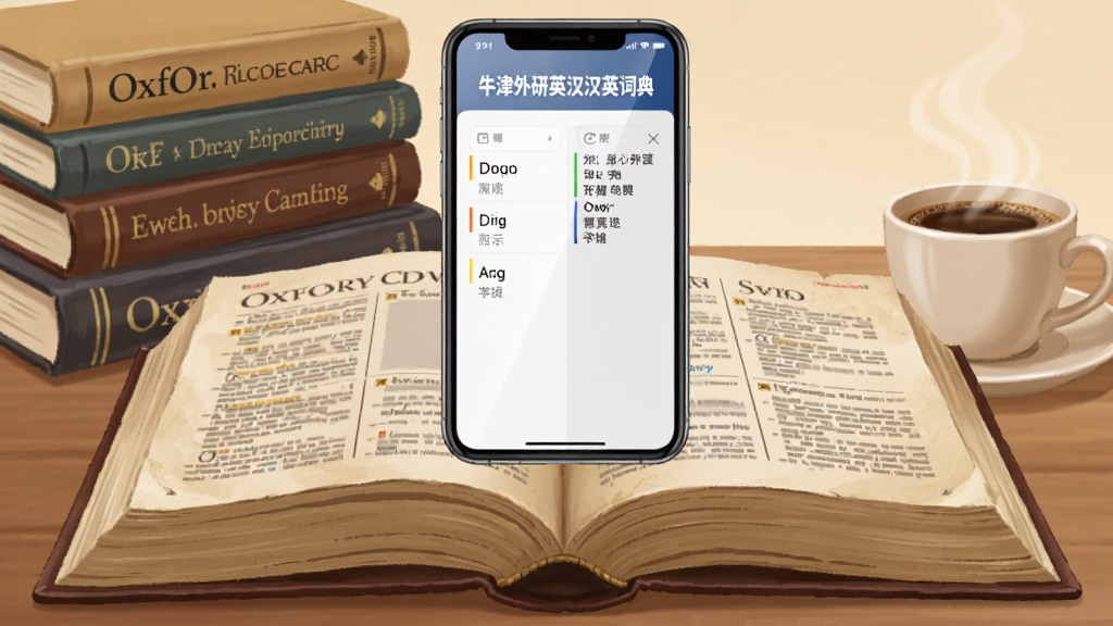 画面中央是一本打开的厚重牛津词典,词典上方悬浮着手机屏幕,屏幕里显示着“牛津外研英汉汉英词典”的查词界面,左侧是英文单词,右侧是中文释义,背景是堆叠的英文原版书籍和一杯冒着热气的咖啡,整体布局采用中心对称构图,风格为温暖写实的插画风,细节上词典纸张有微微泛黄的质感,手机屏幕有轻微反光,画质高清,干净,无多余元素