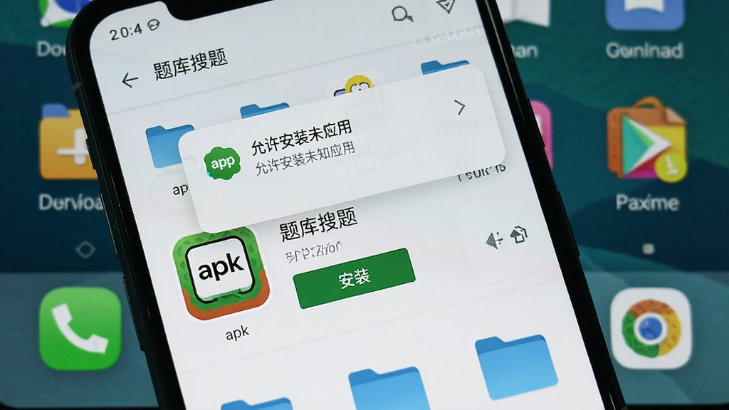 һ��չʾ�ֻ���װ��������⡹apk�ļ��Ľ����ͼ���������ֻ���Ļ��ʾ�ļ�������������Ŀ¼����һ����Ϊ��������⡹��apk�ļ����Ա��С���װ����ť����Ļ�Ϸ��С�������װδ֪Ӧ�á�����ʾ�������������ֻ����棬���дʵ�������������޶���Ԫ��